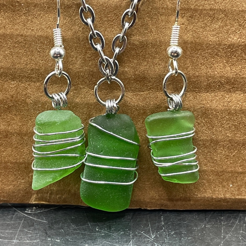 Handmade Sea Glass Necklace & Earrings, Wire-Wrapped, w Hutchinson Island, FL